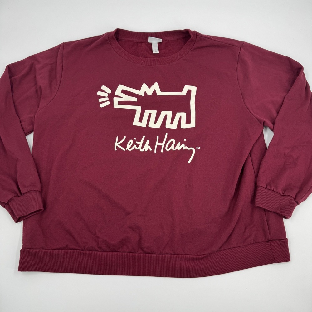 Keith Haring Graphic Sweatshirt Unisex XXL Burgundy‎ Pop Art Fleece Pullover